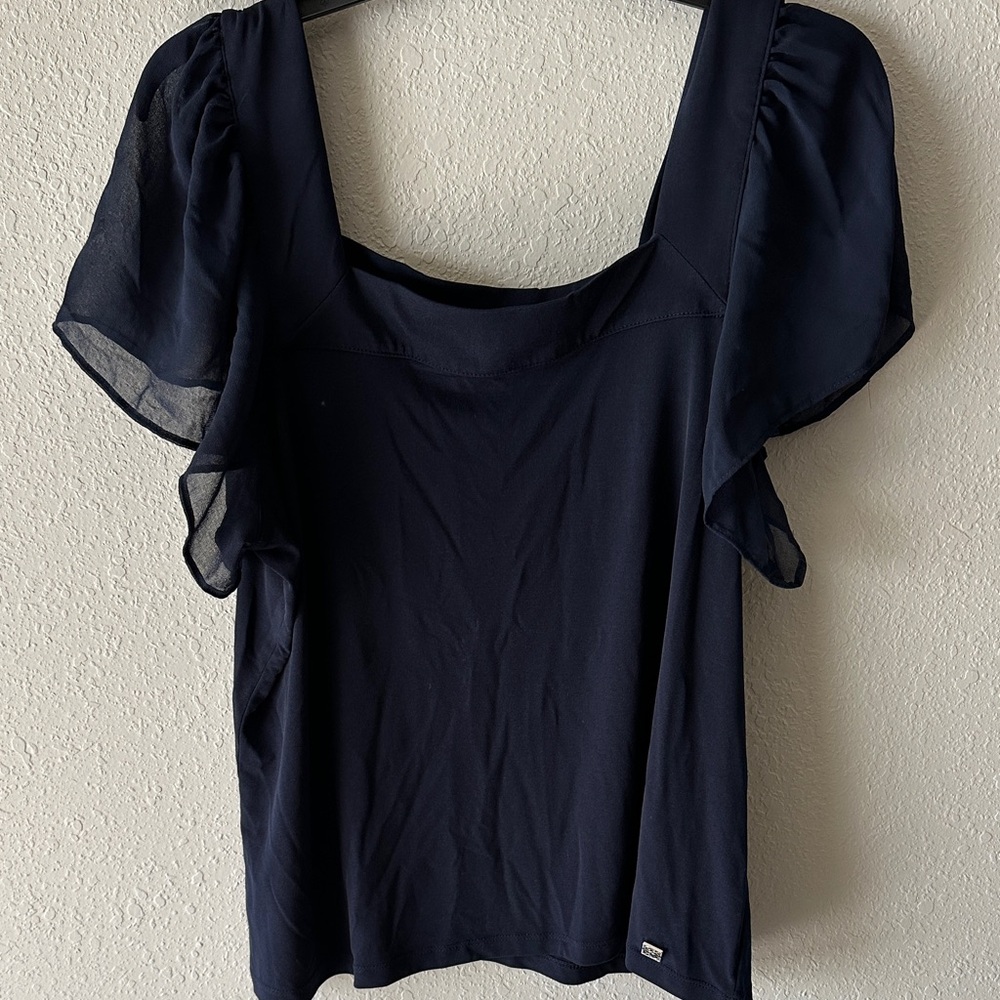 Calvin Klein Navy Women's Blouse with Flutter Sleeves